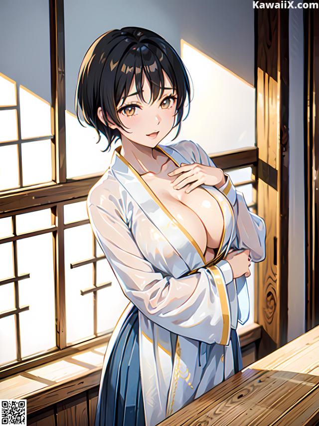 A woman in a kimono standing in front of a window.