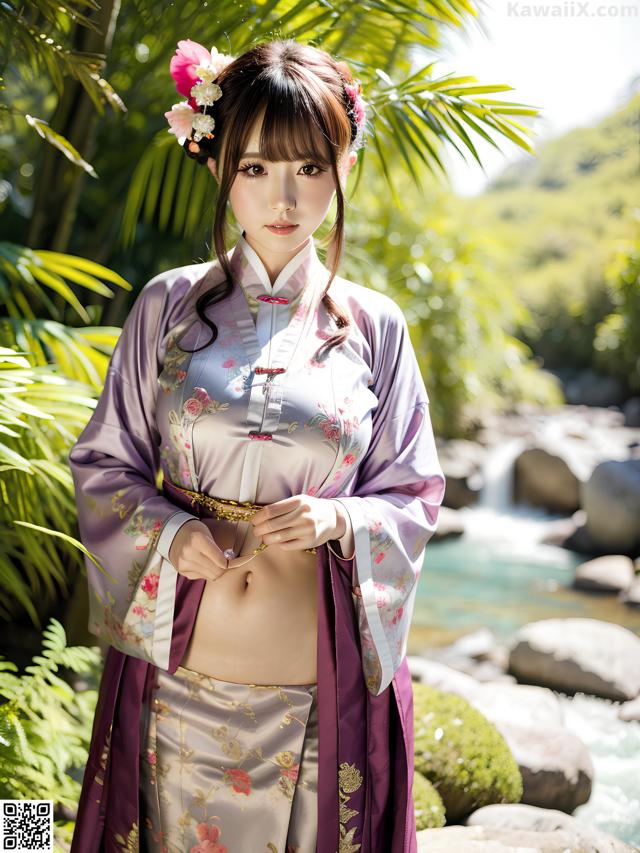 A woman in a purple kimono standing in front of a river.